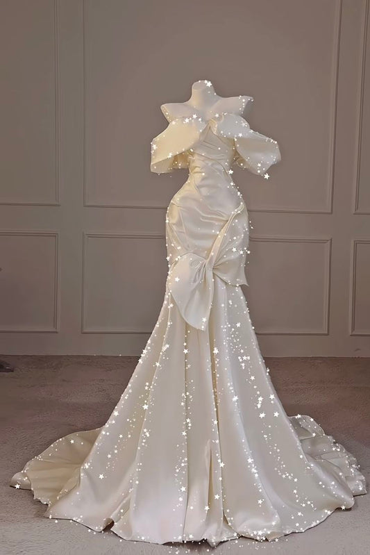 Plain Wedding Dresses Mermaid Off The Shoulder Short Sleeves Satin Pleated Brides Dress Fitted Long Bridal Gowns N128