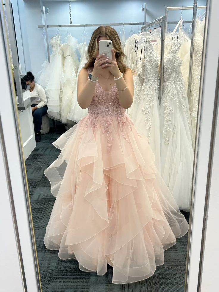Prom Dress Inspo Ball Gown V Neck Pink Lace Floor Length Formal Evening Gown for Graduation Party RB9466
