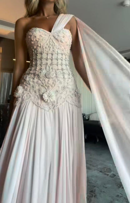 Luxurious Mermaid One Shoulder Pink Chiffon Sleeveless Beadings Floor Length Prom Dress Graduation Gown N889