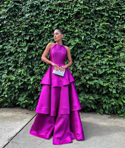 Gorgeous Ball Gown Halter Grape Sleeveless Satin Long Prom Dresses AB212