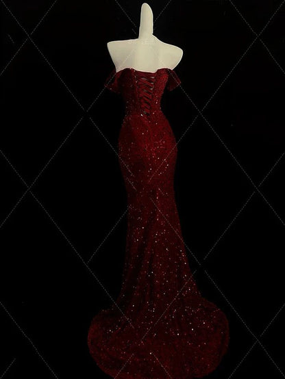 Classy Mermaid Sweetheart Red Slit Sequins Long Evening Gowns Prom Dresses AB130