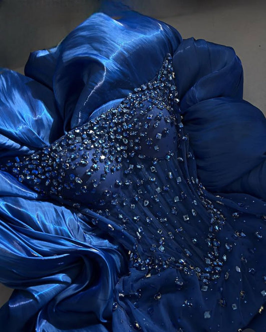 Modest Mermaid Strapless Royal Blue Organza Corset Princess Prom Dresses Evening Gown AB151