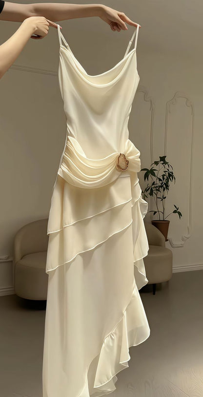 Modest Mermaid Spaghetti Strap Ivory Chiffon Party Dress Pleated Prom Dresses AB143