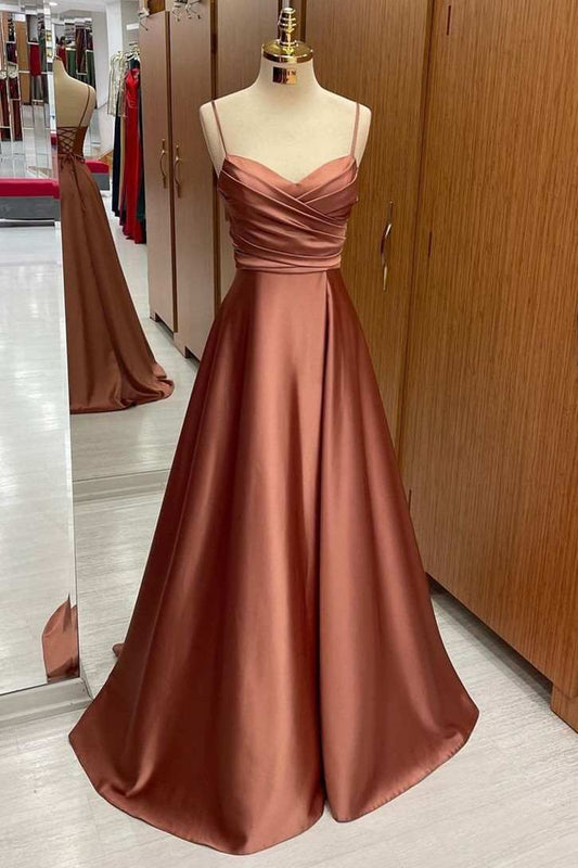 Classy Slim Long Green Satin A line Prom Dress With Straps AB135