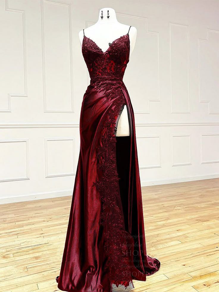 Classy Spaghetti Straps Mermaid Wine Red V Neck Satin Lace Long Prom Dresses Formal Dress AB138