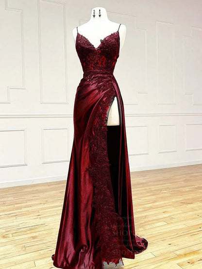 Classy Spaghetti Straps Mermaid Wine Red V Neck Satin Lace Long Prom Dresses Formal Dress AB138
