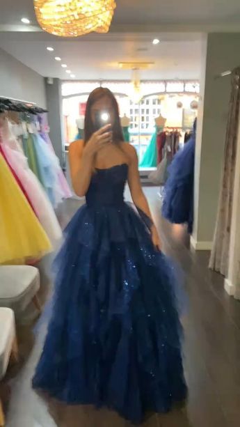 Modest Ball Gown Strapless Navy Blue Tulle Corset Princess Prom Dresses Evening Gown AB150
