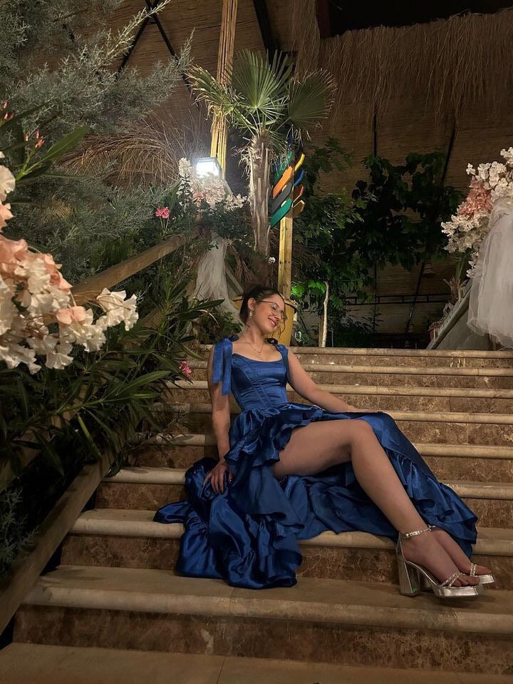 Modest Custom A line Dark Blue Satin Corset Ruffle Princess Prom Dresses Evening Gown AB146