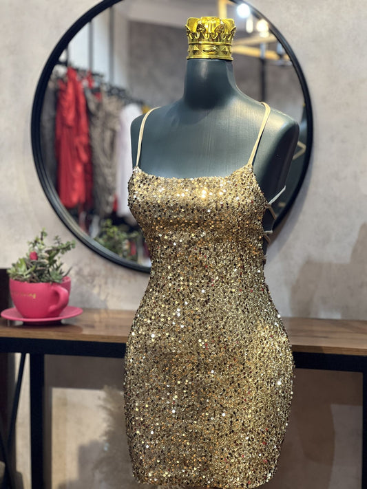 Shinning Sheath Spaghetti Strap Gold Sequin Mini Senior Inspo Short Party Outfits Formal Homecoming Dresses RB3007