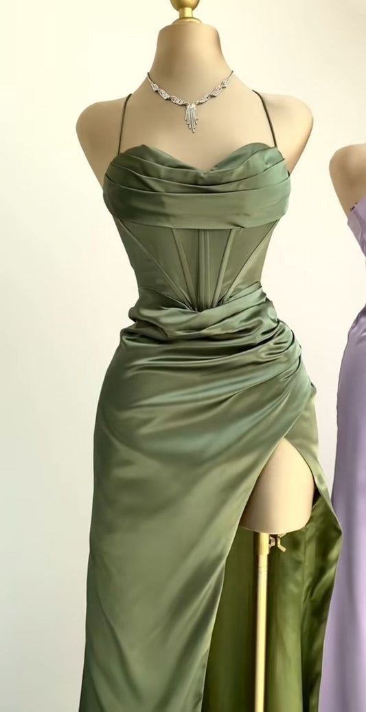 Simple Spaghetti Straps Slit Mermaid Satin Long Prom Dress With Side Slit N1862