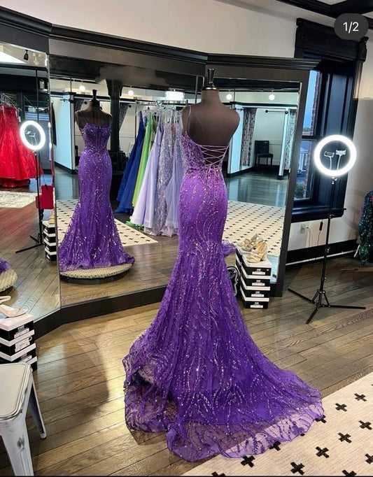 Women Sexy Elegant Sequin Spaghetti Strap Grape Backless Prom Dress Aesthetic For Teens Formal Dresses Party Outfits Prom Gown AB1193