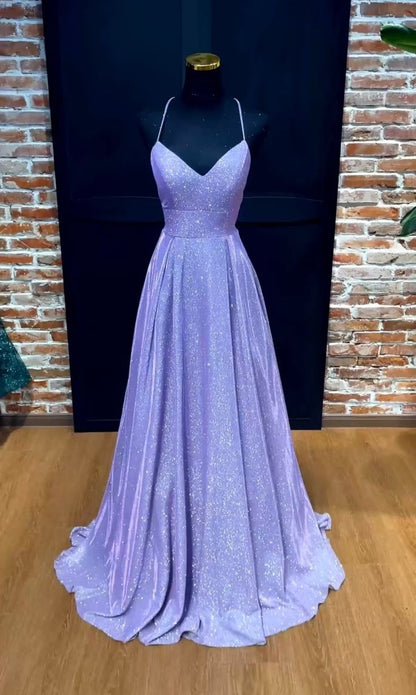 Sparkly A line Spaghetti Strap Lilac Sequin Long Prom Dresses Senior Graduation Dance Evening Outfits N039
