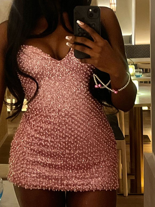 Shinning Sheath Spaghetti Strap Pink Sequin Mini Senior Inspo Short Party Outfits Formal Homecoming Dresses RB3008
