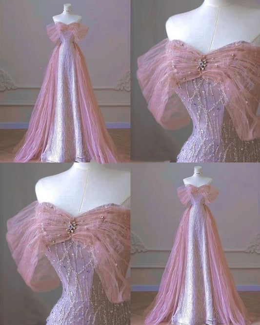 Beautiful A line Off The Shoulder Sequin Pink Prom Dresses Inspiration Prom Dress Princess Graduation Dress AB004