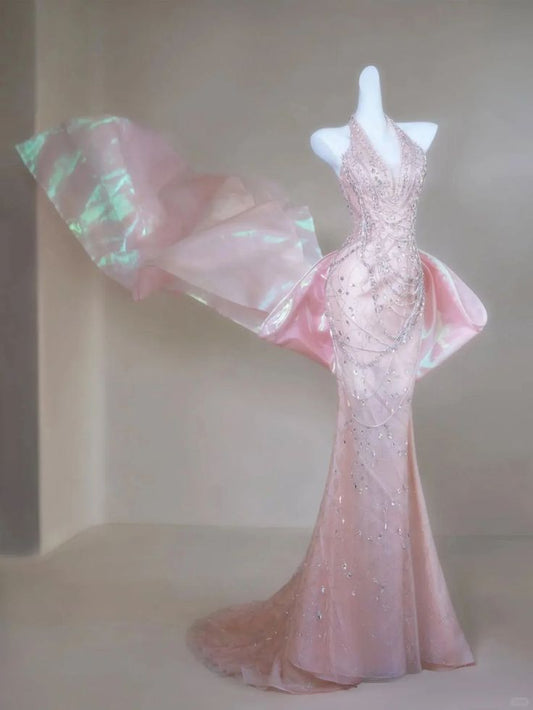 Classy Mermaid Halter Pink Sequin For Senior Teens Girls People Long Prom Dresses Formal Dress 20th Birthday Outfits N135