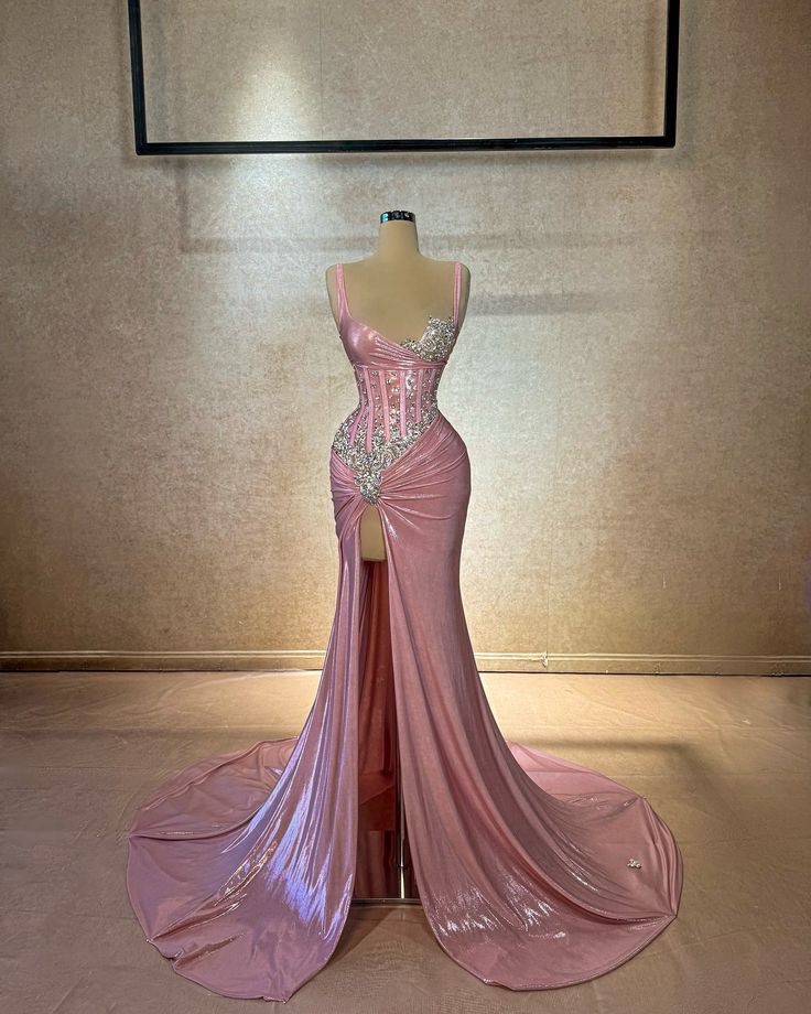 Sparkly Mermaid Spaghetti Strap Pink With Split Long Prom Dresses Formal Dress 20th Birthday Outfits N131