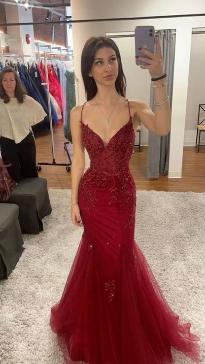 Beautiful Mermaid Spaghetti Straps Burgundy Lace Tulle Prom Dresses Inspiration Prom Dress Princess Graduation Dress B337