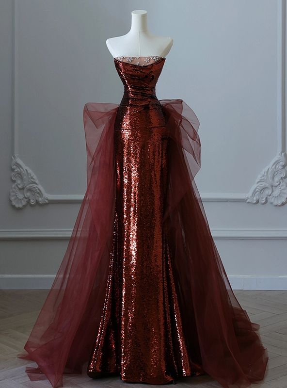 Mermaid Burgundy Mermaid Sequins Tulle Strapless Prom Dress Inspiration Prom Dresses AB127