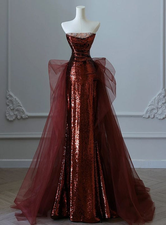 Mermaid Burgundy Mermaid Sequins Tulle Strapless Prom Dress Inspiration Prom Dresses AB127