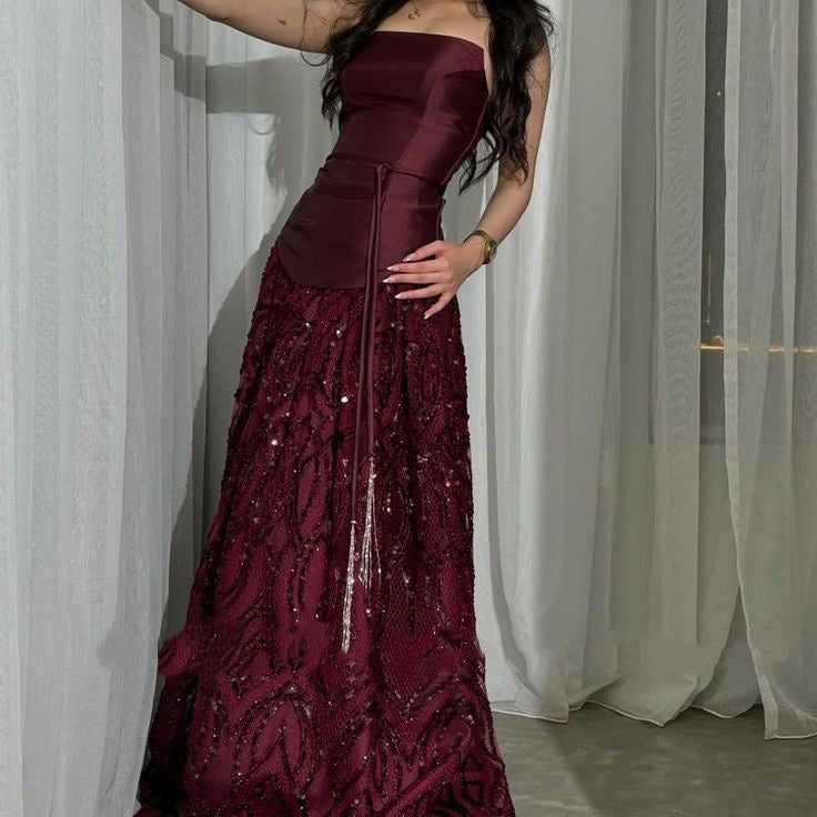 Classy A Line Strapless Sleeveless Burgundy Sequin Satin Long Prom Dresses Inspiration Prom Gown DH2936