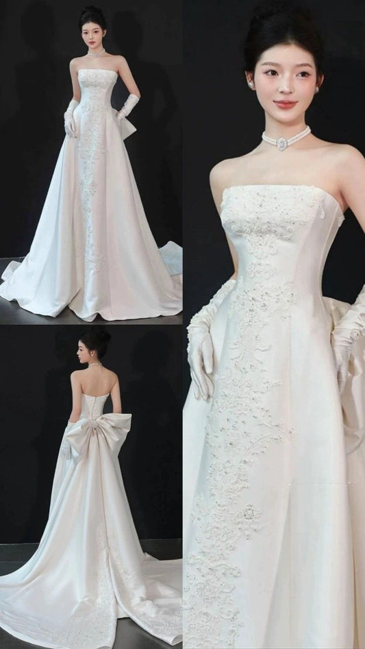 Wedding Gowns Dresses Elegant Modest for Bride Sheath Strapless With Lace Petite/Plus Size Bridal Gowns For Women's Wedding AB1498