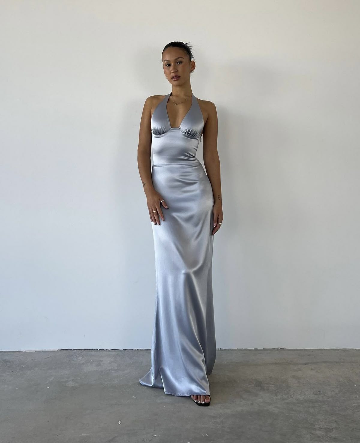 Modest Mermaid Halter Light Sky Blue Satin Long Evening Summer Beach Black Tie Prom Dresses Spring Wedding Guest Dress N1394