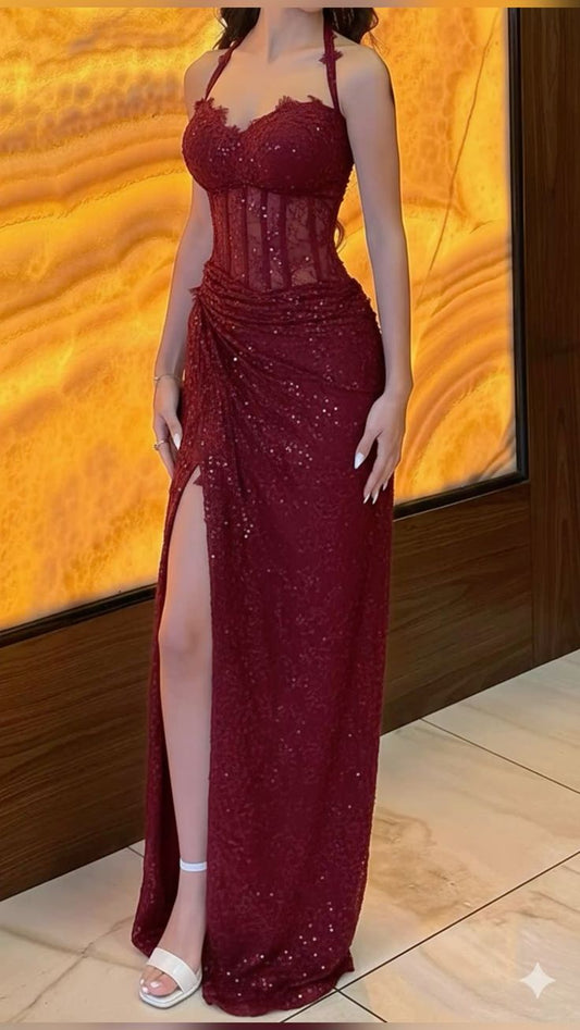 Sexy Mermaid Halter Burgundy Lace With Split Prom Dresses Long Evening Formal Gown With Pleated Party Gowns N351