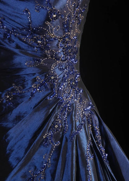 Stunning Navy Blue Strapless Beaded Long Prom Dresses Evening Formal Dress AB318