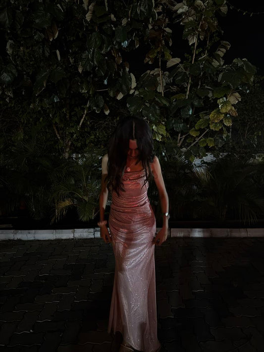 Simple Mermaid Spaghetti Strap Pink Sequined With Pleated Long Prom Dresses Formal Dress Party 20th Birthday Outfits N412