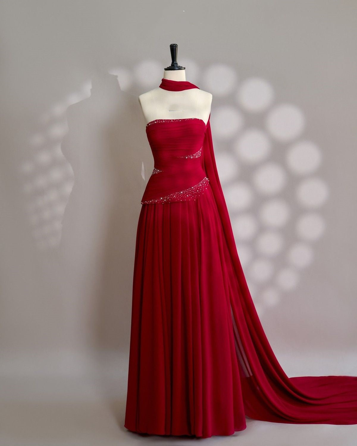 Elegant A Line Strapless Red Chiffon With Silver Beads Long Prom Dresses Inspiration Evening Gowns Formal Party Prom Dress AB1183