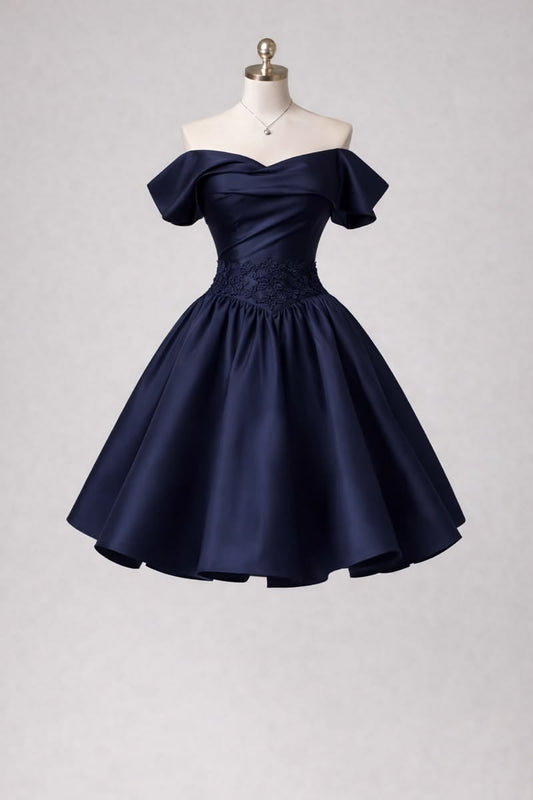 Best Satin Mini Dress Ball Gown Off The Shoulder Navy Blue Short Party Outfits Homecoming Dresses RB4241