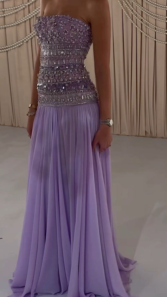 Classy A line Strapless Lilac Chiffon Prom Dresses Inspo For Teens Formal Dress Party Outfits Prom Gowns AB005