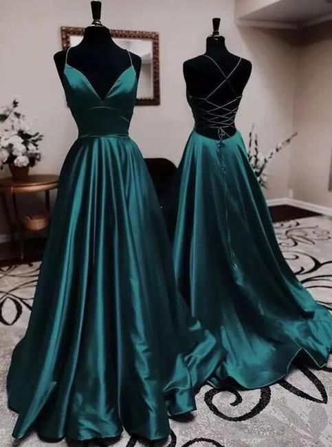 Elegant V Neck Spaghetti Straps A-line Dark Green Prom Dresses Vestidos De Dia AB533