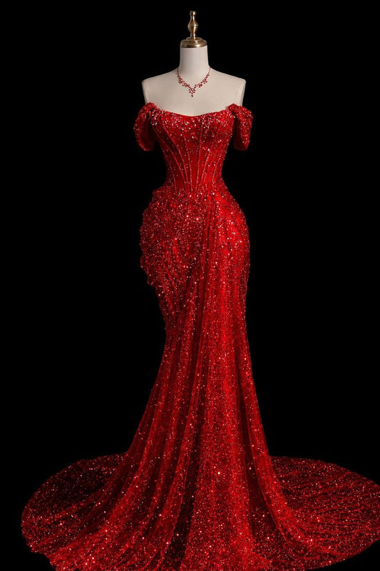 Sparkly Mermaid Off The Shoulder Red Sequin With Beaded Long Prom Dresses For Teens Girls Formal Dress Party Birthday Outfits N413