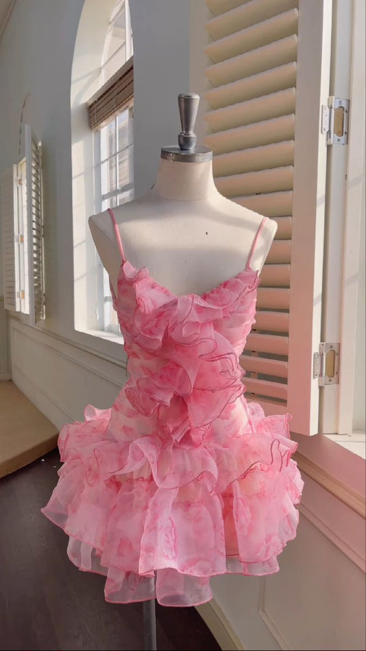 Unique Homecoming Dresses Outfit inspo A Line Spaghetti Straps Pink Floral 16th Birthday Cocktail Dress Ideas Outfits RB8024