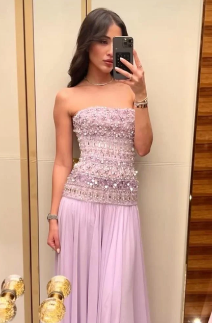 Elegant A line Strapless Lilac Chiffon Silver Beads Long Prom Dresses Inspiration Trending Evening Gowns Formal Party Prom Dress B376
