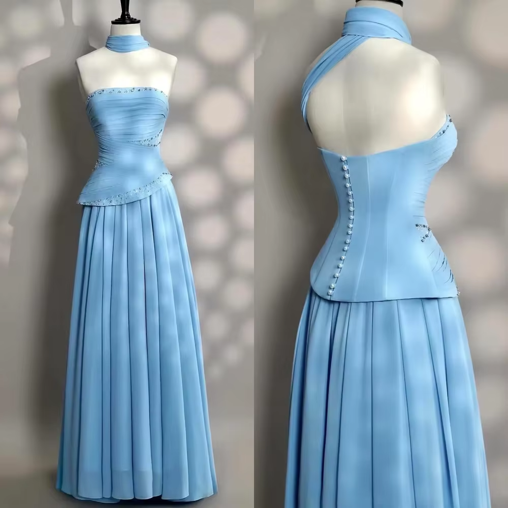 Elegant A line Strapless Blue Evening Dress Women Party Long Formal Dresses Prom 16 Birthday Party Ladies Gown AB1222