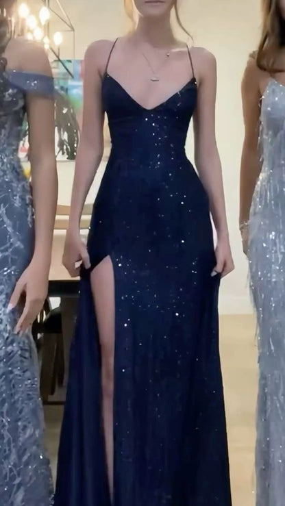 Sexy Navy Blue V-neck Lace-Up Mermaid Long Prom Dress with Slit AB640