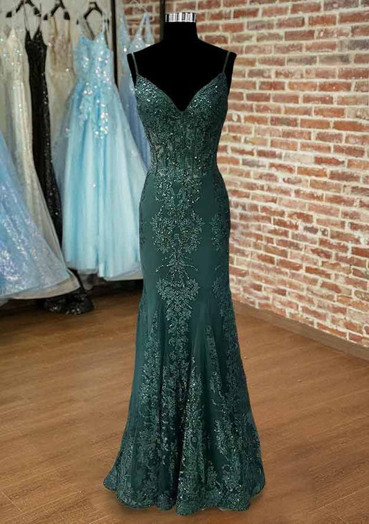 Trumpet/Mermaid V Neck Spaghetti Straps Long/Floor-Length Tulle Prom Dress With Appliqued Beading AB649