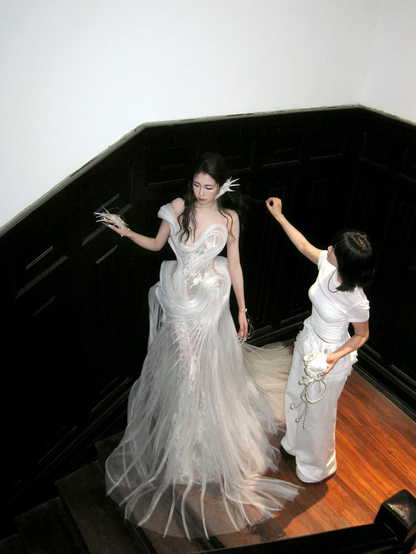 Princess Wedding Dresses Mermaid One Shoulder Lace Tulle White Brides Dress For Brides Fitted Long Bridal Gowns AB2408
