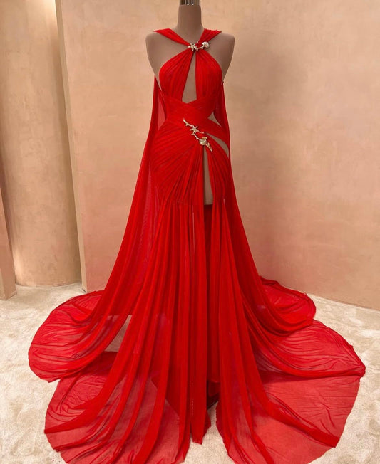 Women Sexy Elegant Mermaid Halter Red Chiffon Bodycon Formal Gowns Evening Maxi Dress Prom Dress Aesthetic For Women Party Outfits AB1196