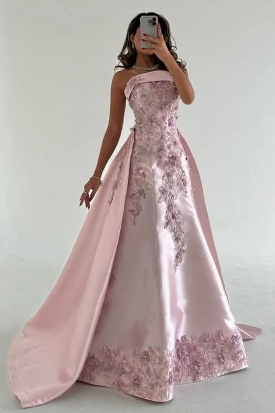 Women Elegant Pink A-Line Strapless Satin Party Dress with Appliques and Detachable Train Evening Gowns AB498