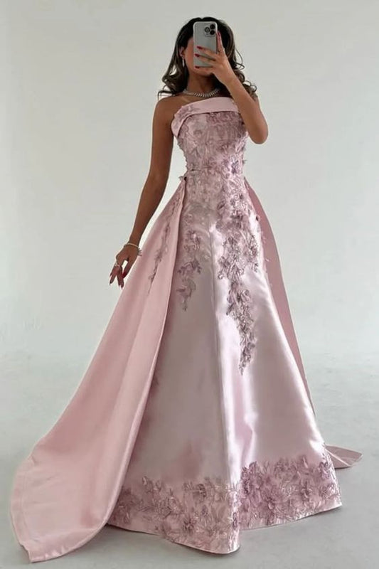 Women Elegant Pink A-Line Strapless Satin Party Dress with Appliques and Detachable Train Evening Gowns AB498