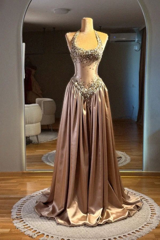 Gorgeous Brown Halter Sleeveless A-Line Prom Dress Pleated with Sequins Vestidos De Dia AB502