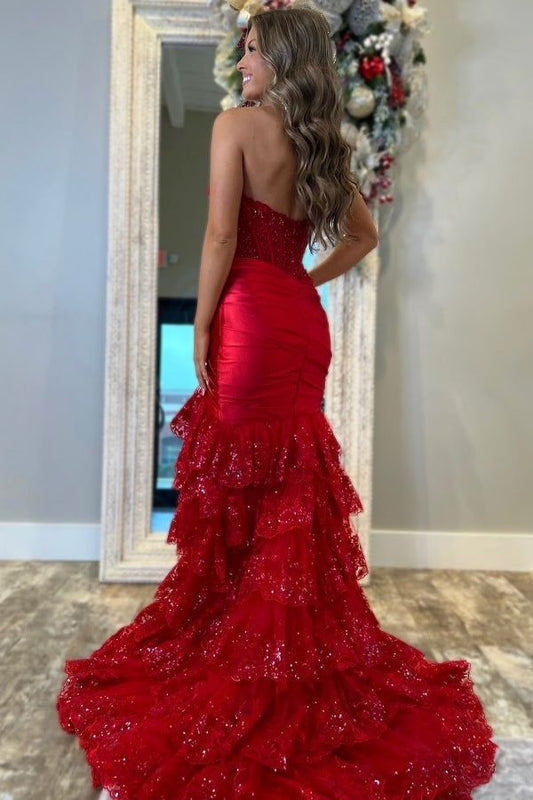 Mermaid Strapless Sequins Lace Appliques Prom Dress 2026 Formal Evening Gowns AB504