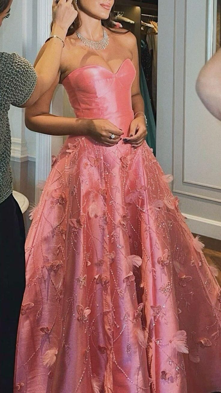 Pink Sweetheart A-Line Satin Beading Floral Long Prom Dress Birthday Outfits Party Dress Formal Vestidos De Dia AB490