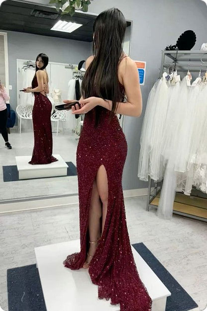 Sequined Mermaid Evening Gown Floor-Length Lace-Up Back Prom Dress AB545