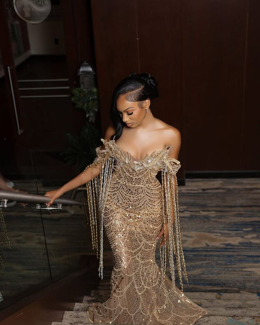 Dazzling Off-The-Shoulder Mermaid Prom Dresses Column Long With Pleats AB1632