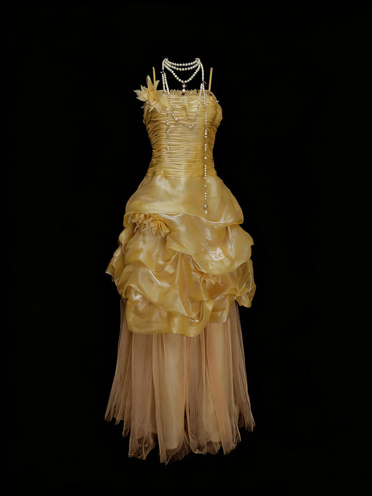 Vintage Night Aesthetic Ball Gown Spaghetti Straps 80s 70s Gold College Formal Outfit Long Prom Graduation Dresses For Teens N1142