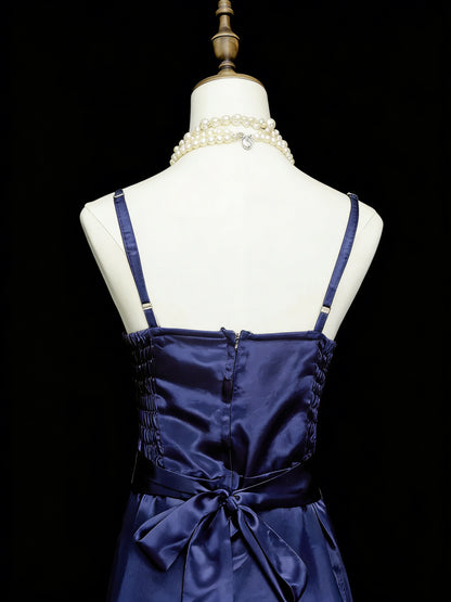 Vintage Night Aesthetic A Line Spaghetti Straps 80s 70s Navy Blue Teens College Formal Outfit Long Prom Graduation Dresses N1143